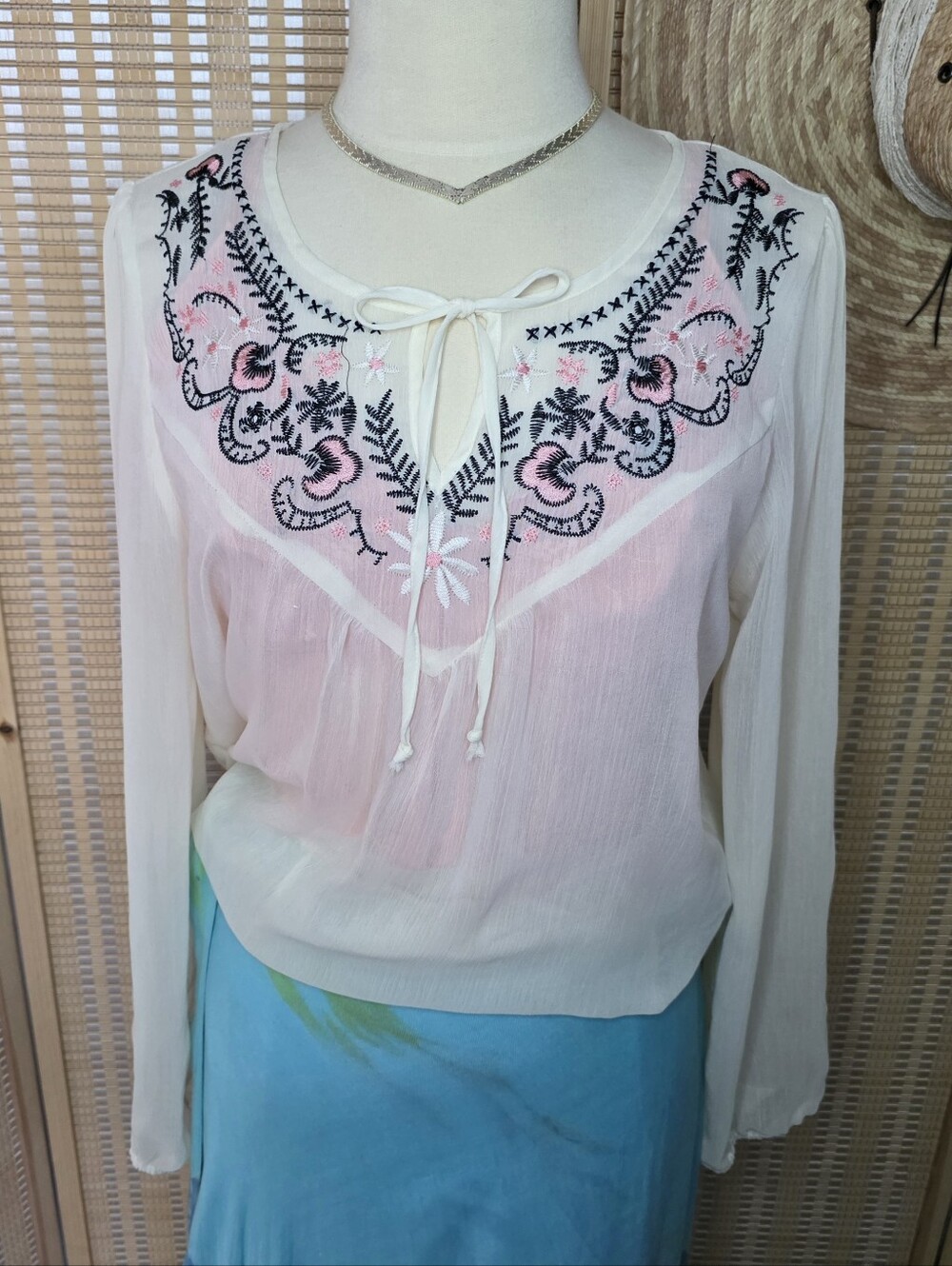 Romantic Poet Sheer Sleeve Cream/Ivory Embroidered Floral Blouse, Flowy V-Neck